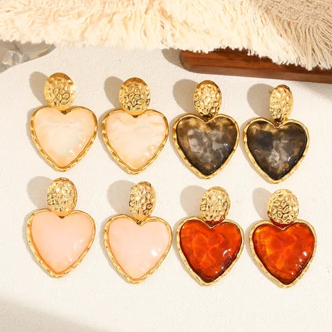 Vintage Roestvrij Stalen Hart Druppel Oorbellen Voor Vrouwen 18K Verguld Hars Marmer Textuur Gehamerd Hart Sieraden