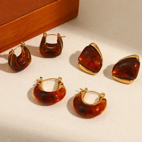 Vintage Roestvrij Staal Hars Geometrische Oorringen Voor Vrouwen Maillard Stijl Goud Vergulde Barnsteen Bruin Sieraden Cadeau