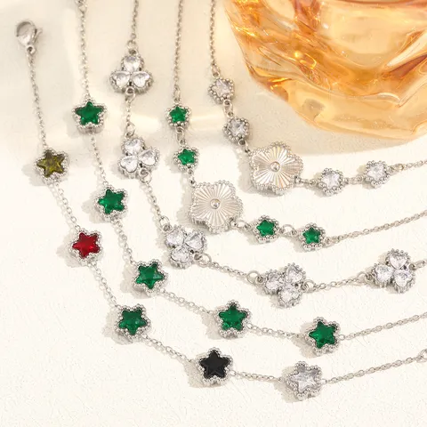 Vintage Roestvrij Staal Strass Klaver Ster Hanger Armband Niche Franse Luxe Vergulde Verstelbare Ketting Sieraden Voor Vrouwen Cadeau