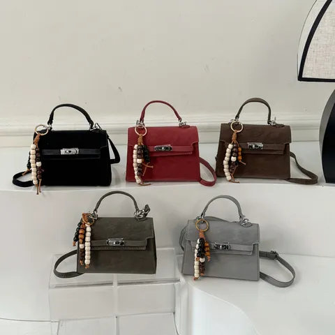 Women PU Leather Top Handle Shoulder Crossbody Bag Retro Casual Lock Closure Handbag With Wooden Bead Pendant