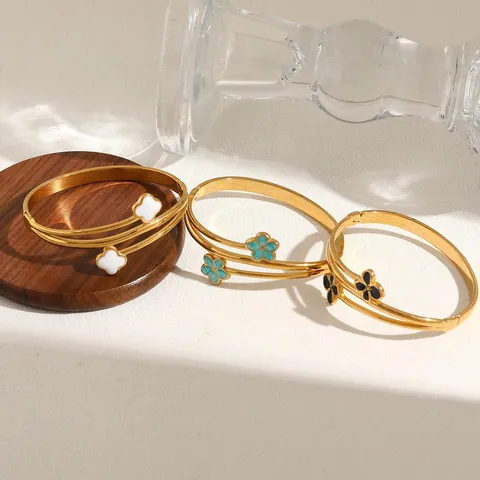 304 Roestvrij Stalen Bloem Klaver Armring Voor Vrouwen 18K Verguld Emaille Open Armband Elegant Mode Sieraden Cadeau