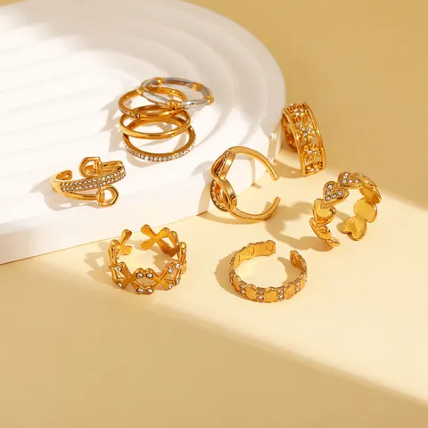 Anelli in Acciaio Inossidabile per Donna Lusso Leggero Cuore Girasole Geometrico con Strass Intarsiati Oro Argento Gioielli