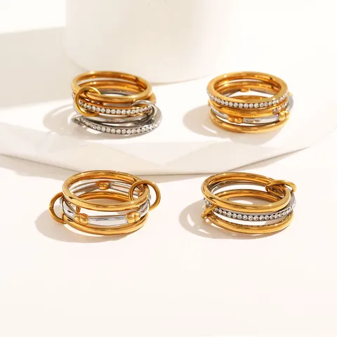 European Style Stainless Steel Stackable Ring Rhinestone 18K Gold Plated Heart Interlocking Ring Set For Women Jewelry