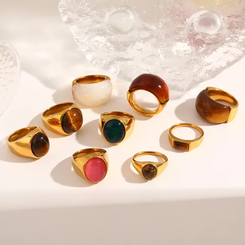 Roestvrijstalen Ring Voor Dames Vintage Verguld Geometrisch Ovaal Rechthoek Tijgeroog Steen Hars Niche Mode Sieraden Feest Accessoires
