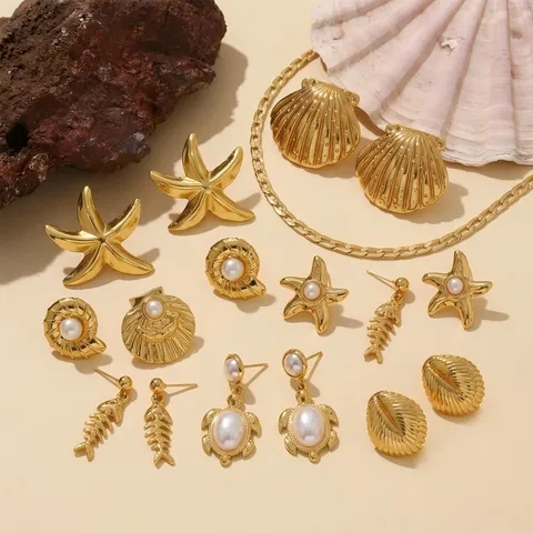 Ocean Summer Holiday 304 Stainless Steel Gold Stud Earrings For Women French Retro Artificial Pearl Starfish Conch Shell Earrings Jewelry
