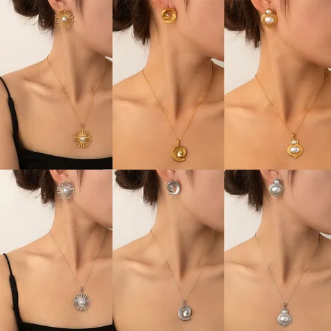 304 Roestvrij Staal Halsketting Oorbellen Set 18K Verguld Retro Geometrisch Zonnebloem Spiraal Kunstparel Hart Strass Sieradenset Voor Dames