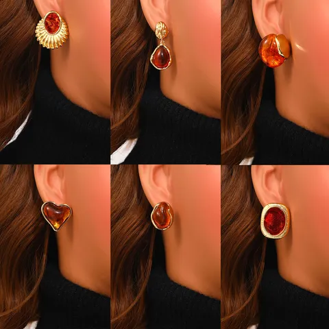 Retro Maillard Stijl Roestvrij Staal Barnsteen Hars Oorbellen Voor Vrouwen Vintage Geometrische Onregelmatige Oorknopjes Sieraden
