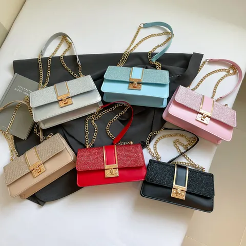 Women Fashion Chain Shoulder Bag PU Leather Sequins Splicing Crossbody Small Square Bag Daily Casual Chic Handbag