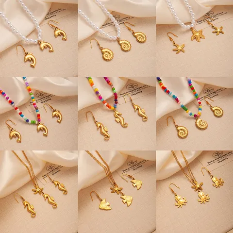 Roestvrij Stalen Oceaan Thema Sieraden Set Goud Dolfijn Zeepaardje Zeester Octopus Wulk Hanger Ketting Oorbellen Voor Vrouwen Zomer Strand Accessoires