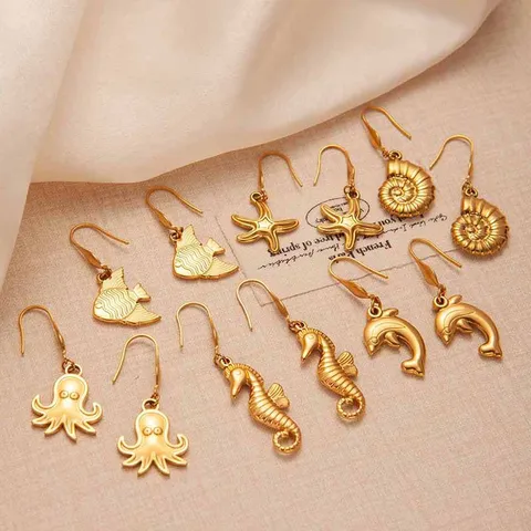 Roestvrij Stalen Oceaan Thema Sieraden Set Goud Dolfijn Zeepaardje Zeester Octopus Wulk Hanger Ketting Oorbellen Voor Vrouwen Zomer Strand Accessoires