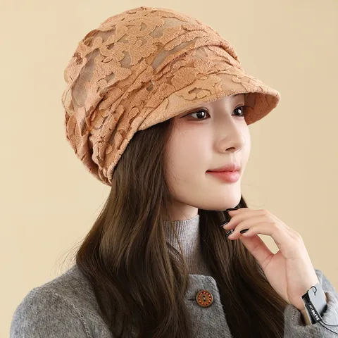 Women Fashion Lace Hollow Duckbill Hat Breathable Sun Shading Floral Peaked Cap Middle Aged Mother Turban Hat Summer Autumn Headwear