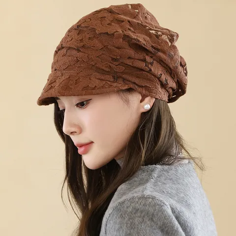 Women Fashion Lace Hollow Duckbill Hat Breathable Sun Shading Floral Peaked Cap Middle Aged Mother Turban Hat Summer Autumn Headwear