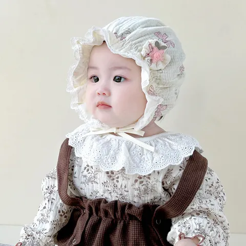 Baby Girl Lace Fisherman Hat Sunflower Print Princess Bonnet Infant Sun Protection Bucket Hat Soft Cotton Floral Baby Hat