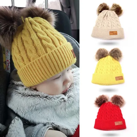 Toddler Kids Cable Knit Beanie Hat With Double Faux Fur Pom Pom Winter Autumn Warm Windproof Ribbed Cuff Infant Knit Cap