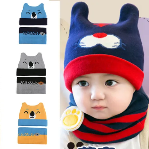 Süße Cartoon Koala Kinder Strickmütze Winter Winddicht Weich Warm Acryl Mütze Schal Set Für Kleinkinder Jungen Mädchen