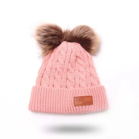 Toddler Kids Cable Knit Beanie Hat With Double Faux Fur Pom Pom Winter Autumn Warm Windproof Ribbed Cuff Infant Knit Cap