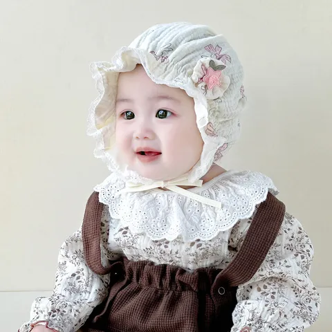 Baby Girl Lace Fisherman Hat Sunflower Print Princess Bonnet Infant Sun Protection Bucket Hat Soft Cotton Floral Baby Hat