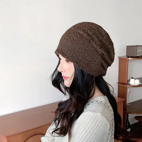 Women Sweet Lace Beanie Soft Fabric Windproof Slouchy Hat Hollow Out Confinement Sleep Cap For Daily Warm Headwear