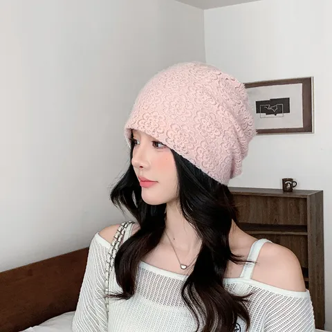 Women Sweet Lace Beanie Soft Fabric Windproof Slouchy Hat Hollow Out Confinement Sleep Cap For Daily Warm Headwear