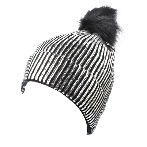 Women's Bronzing Knit Beanie Hat With Faux Fur Ball Fashion Autumn Winter Outdoor Warm Ribbed Striped Slouchy Cuffed Knitted Skull Cap