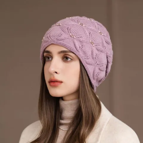 Damen Winter Warm Strickmütze Koreanischer Slouchy Mütze Künstliche Perlen Strass Weich Winddicht Pullover Beanie Gemütlich Outdoor Thermomütze