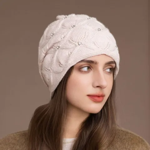 Damen Winter Warm Strickmütze Koreanischer Slouchy Mütze Künstliche Perlen Strass Weich Winddicht Pullover Beanie Gemütlich Outdoor Thermomütze