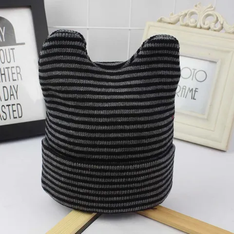 Cute Striped Cat Ear Knit Beanie Hat For Kids Warm Winter Ear Protection Cap