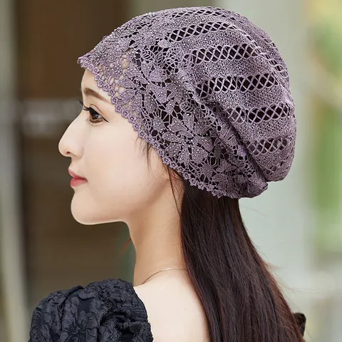 Women Hollow Out Lace Turban Cap Breathable Polyester Sun Protection Headwear Casual Daily Fashion Head Cover