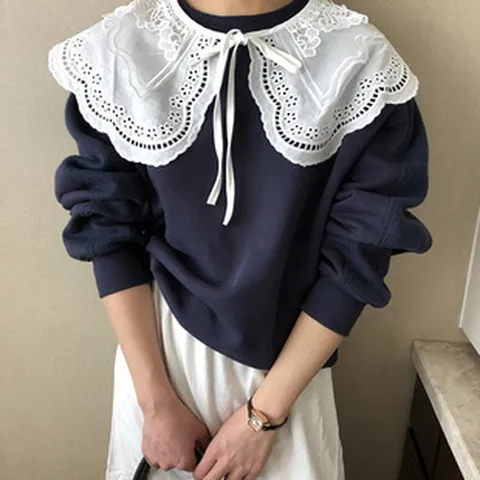 Damen Vintage Floral Bestickt Spitze Fake Kragen Abnehmbarer Großer Revers Hohl Schal Dekoratives Bekleidungszubehör