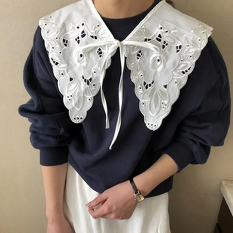 Damen Vintage Floral Bestickt Spitze Fake Kragen Abnehmbarer Großer Revers Hohl Schal Dekoratives Bekleidungszubehör