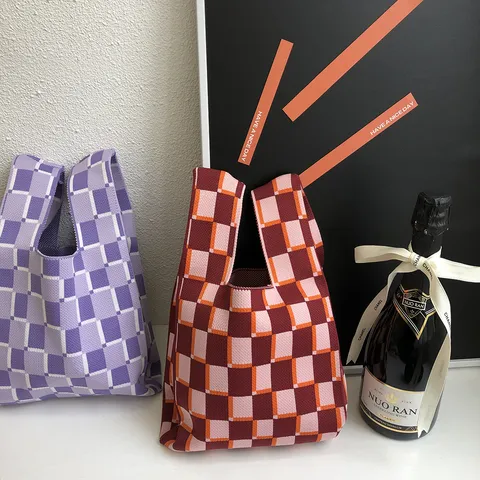Nische Designer Gestrickte Karomuster Tote-Tasche Japanischer Stil Handtasche Mini Casual Gewebte Handtasche Für Damen Mode