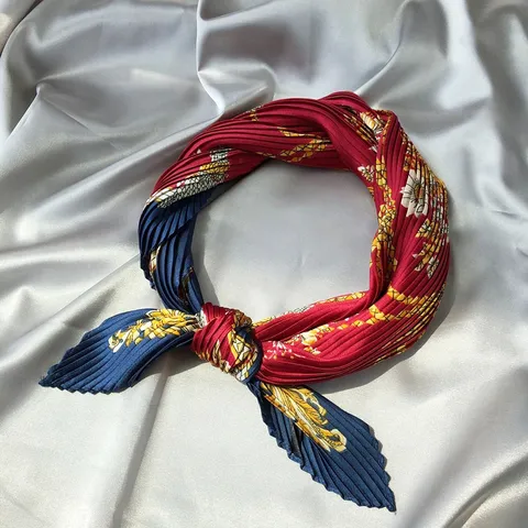 Chic Women Satin Silk Scarf Pleated Floral Geometric Print Small Square Neck Scarf Hair Band Decorative Neck Scarf