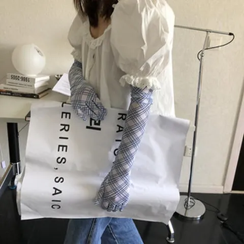 Koreanischer Stil Satin Kariert Leopardenmuster Sonnenschutzstulpen Atmungsaktiv Fünf Finger Mesh Lange Armstulpen Für Damen Outdoor