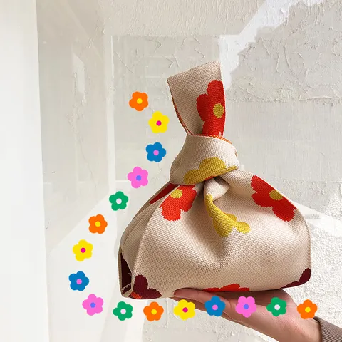 Japanischer Stil Stricktasche Für Damen Blumenmuster Knotengriff Kleine Handgelenktasche Lässige Häkeln Handtasche Schultertasche