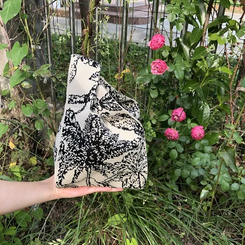 Damen Strickhandtasche Japanische Knoten-Tasche Häkeln Schachbrett Punkt Gestreiftes Muster Lässige Mode Henkeltasche