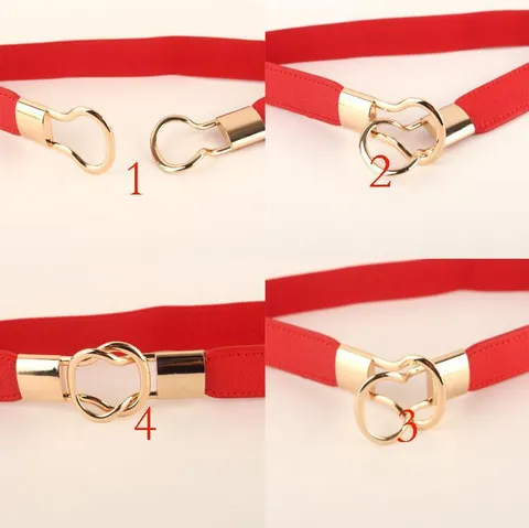 Damen Elastischer Schmaler Gürtel Mode Doppel Ineinandergreifende Gold Ring Schnalle Korsett Stretch Gürtel Kunstleder Taillengürtel Für Kleider Hosen