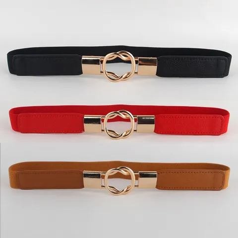 Damen Elastischer Schmaler Gürtel Mode Doppel Ineinandergreifende Gold Ring Schnalle Korsett Stretch Gürtel Kunstleder Taillengürtel Für Kleider Hosen