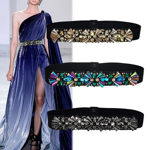 Women Rhinestone Elastic Waist Belt Fashion Elegant Crystal Inlaid Cinch Belt For Dresses Versatile Faux Leather Stretch Waistband Decoration