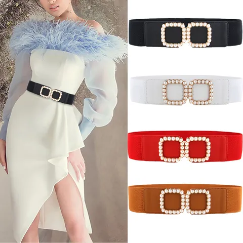 Women Elegant Wide Elastic Belt Pearl Inlaid Square Buckle Waist Seal Faux Leather Stretchy Cinch Belt For Dresses Coat Accessory