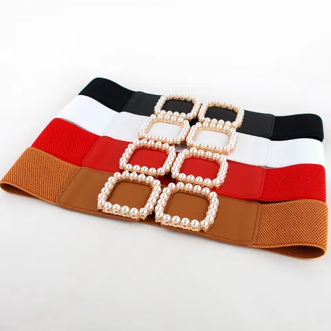 Women Elegant Wide Elastic Belt Pearl Inlaid Square Buckle Waist Seal Faux Leather Stretchy Cinch Belt For Dresses Coat Accessory