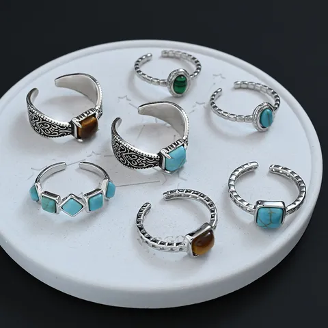 Anello Aperto in Rame Placcato Argento Etnico Vintage per Donna Anello a Dito Regolabile Geometrico in Turchese Artificiale Malachite Occhio di Tigre