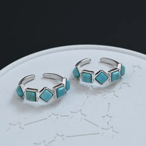 Anello Aperto in Rame Placcato Argento Etnico Vintage per Donna Anello a Dito Regolabile Geometrico in Turchese Artificiale Malachite Occhio di Tigre