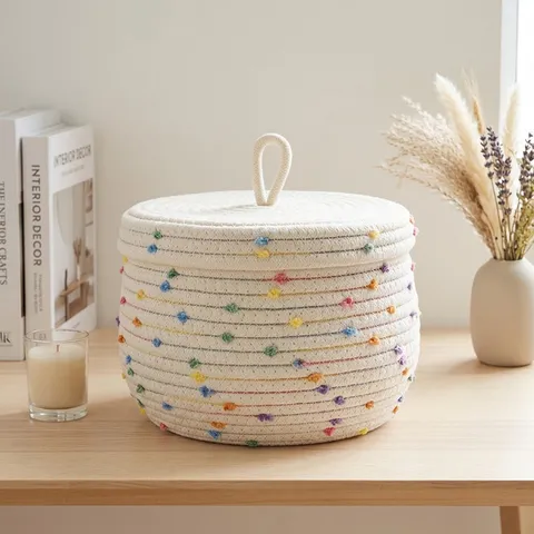 Nordic Cotton Rope Woven Storage Basket With Lid Colorful Pom Pom Decorative Storage Box Round Desktop Organizer For Cosmetics Toys Keys