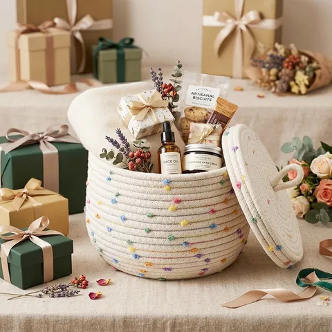 Nordic Cotton Rope Woven Storage Basket With Lid Colorful Pom Pom Decorative Storage Box Round Desktop Organizer For Cosmetics Toys Keys