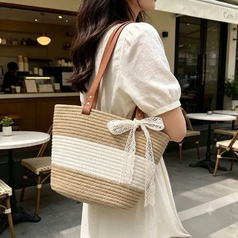 Sac Fourre-tout en Coton Tissé à la Main pour Femmes Patchwork à Rayures Grande Capacité Sac à Épaule avec Nœud Vacances