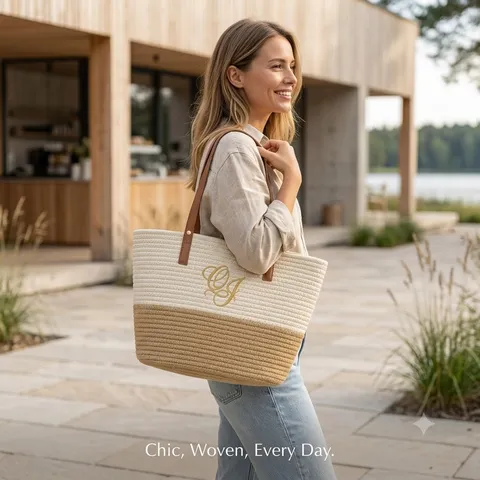 Nordic Fabric Woven Tote Bag For Women Embroidered Letter Contrast Color Shoulder Handbag Large Capacity Beach Vacation Travel Bag With PU Handles