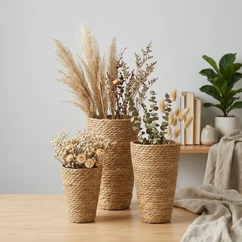 Handgefertigte Natürliche Teichbinse Geflochtene Blumenvase Pflanzkorb Landhausstil Trockenblumen Behälter Wohnzimmer Dekoration Rustikaler Hausdekor