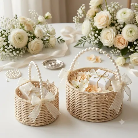Faux Rattan Woven Wedding Flower Basket With Pearl Handle Chiffon Bow Decorative Portable Basket For Picnic Fruit Gift Basket