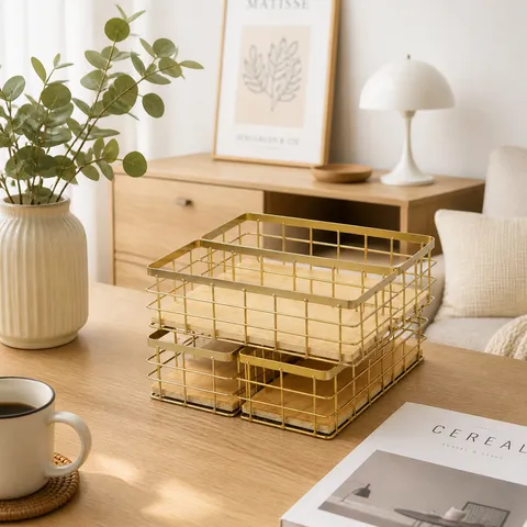 Nordic Iron Art Storage Basket With Wooden Base Desktop Bathroom Rectangular Grid Wire Organizer Bin Gold Small Large