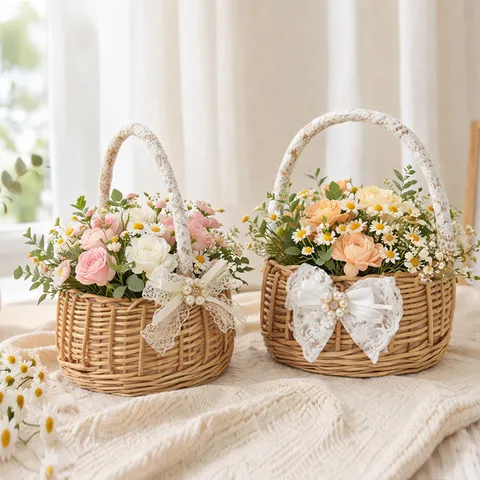 Pastoral Wicker Hand-held Flower Basket With Lace Bow Pearl Decoration For Wedding Flower Girl Picnic Storage Basket Home Decor